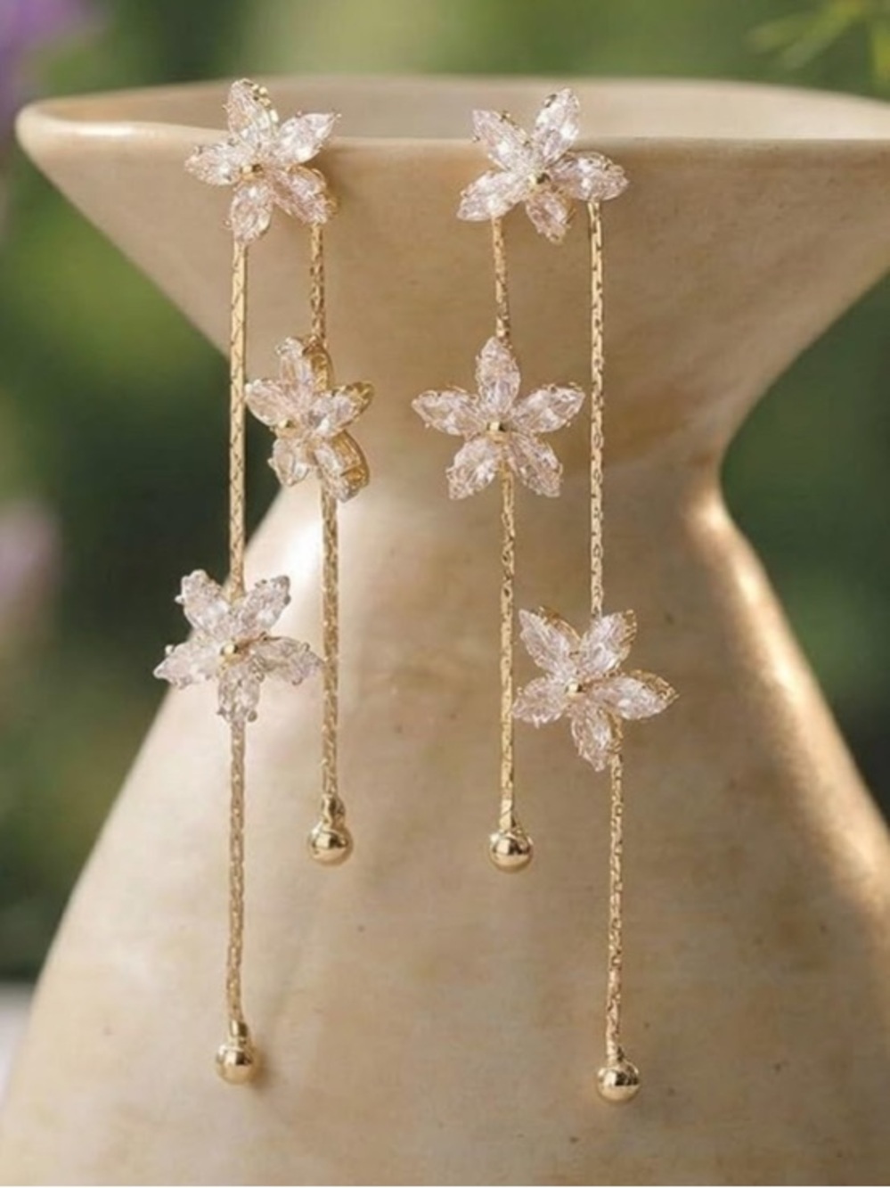 14K Gold Plated Floral Drop Earrings with White CZ Crystal